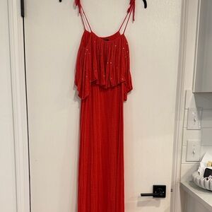 Chic Red Maxi Dress with Beaded Details